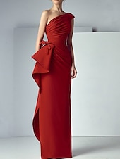 ieftine roșu-Rochie de seară sheath rochie elegantă pentru invitate la nuntă lungime până la podea fără mâneci un umăr satin cu drapaj