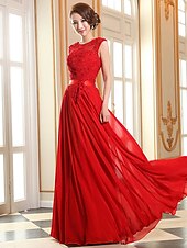 preiswerte Ballkleid-A-Linien Abendkleid elegantes Kleid Hochzeitsgast Abiball bodenlang ärmellos Illusionshals Brautjungfernkleid Georgette mit Applikationen