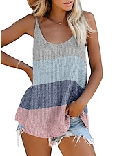 cheap Shirts-Women&#039;s Linen-Inspired Shirts Tank Top Camisole Color Block Vacation Basic Sleeveless U Neck Regular Tops Valentine&#039;s Day Causal Holiday White Pink Blue Khaki Gray Summer