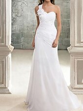 abordables Vestidos de novia-Sala Casual Vestidos de novia Corte Trompeta / Sirena Un Hombro Sin Mangas Cola de Corte Gasa Vestidos de novia Con Apliques 2024