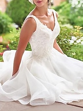 preiswerte Kleine weiße Kleider-Empfang Vintage 1940er  1950er kleines weißes Kleid Brautparty Kleider Hochzeitskleider A-Linie V-Ausschnitt ärmellos knie-lange Spitze Brautkleider mit Applikationen kaskadierende Rüschen