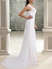 abordables Vestidos de novia-Sala Casual Vestidos de novia Corte Trompeta / Sirena Un Hombro Sin Mangas Cola de Corte Gasa Vestidos de novia Con Apliques 2024