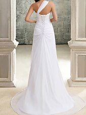 abordables Vestidos de novia-Sala Casual Vestidos de novia Corte Trompeta / Sirena Un Hombro Sin Mangas Cola de Corte Gasa Vestidos de novia Con Apliques 2024