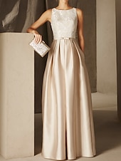 preiswerte Sekt-Strandhochzeit A-Linie Abendkleid Elegantes Kleid Formelle Abend Bodenlanger Ärmellos Schmuck-Ausschnitt Herbst Hochzeitsgast Satin mit Gurt/Ribbon Falten Applikationen 2025