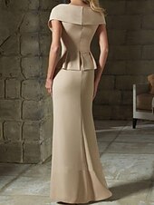 cheap Floor Length-Sheath Mother of the Bride Dress Wedding Guest Elegant V Neck Floor Length Satin Short Sleeve with Ruffles Crystal Brooch Ruching free custom size