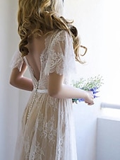 economico abiti da sposa casual-Abiti da sposa sulla spiaggia abiti da sposa sexy in colore Boho A-Line scollatura a V maniche corte strascico in pizzo abiti da sposa con passamaneria/ribbons 2025