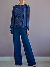 cheap Mom&#039;s Pant Suits-Jumpsuit / Pantsuit 3 Piece Mother of the Bride  Formal Wedding Guest Elegant Plus Size Jewel Neck Floor Length Chiffon Long Sleeve Wrap Included with Appliques 2025 free custom size