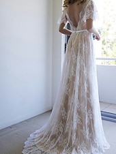 economico abiti da sposa casual-Abiti da sposa sulla spiaggia abiti da sposa sexy in colore Boho A-Line scollatura a V maniche corte strascico in pizzo abiti da sposa con passamaneria/ribbons 2025