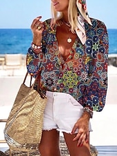 levne Dámské boho topy-Dámská košile havajský modrý grafický potisk knoflíkový potisk dlouhé rukávy každodenní víkendové základní boho výstřih do V volný střih letní prázdninové oblečení