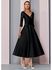 voordelige Vloerlengte-Strand Bruiloft A-Lijn Gouden Jurken Moeder van de Bruid Jurk Bruiloft Gast Elegante Vintage Plus Size V Hals Thee Lengte Satin 3/4 Lengte Mouw met Plissé dress to impress 2025 gratis op maat gemaakt