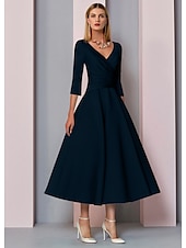 voordelige Vloerlengte-Strand Bruiloft A-Lijn Gouden Jurken Moeder van de Bruid Jurk Bruiloft Gast Elegante Vintage Plus Size V Hals Thee Lengte Satin 3/4 Lengte Mouw met Plissé dress to impress 2025 gratis op maat gemaakt