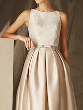 preiswerte Sekt-Strandhochzeit A-Linie Abendkleid Elegantes Kleid Formelle Abend Bodenlanger Ärmellos Schmuck-Ausschnitt Herbst Hochzeitsgast Satin mit Gurt/Ribbon Falten Applikationen 2025