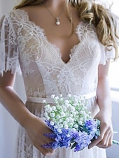 economico abiti da sposa casual-Abiti da sposa sulla spiaggia abiti da sposa sexy in colore Boho A-Line scollatura a V maniche corte strascico in pizzo abiti da sposa con passamaneria/ribbons 2025