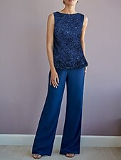 cheap Mom&#039;s Pant Suits-Jumpsuit / Pantsuit 3 Piece Mother of the Bride  Formal Wedding Guest Elegant Plus Size Jewel Neck Floor Length Chiffon Long Sleeve Wrap Included with Appliques 2025 free custom size