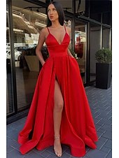 cheap Prom Dresses-A-Line Prom Dresses Black Dress Dress Wedding Guest Prom Sweep / Brush Train Sleeveless Spaghetti Strap Satin with Pleats Split Front Masquerade Dress 2025