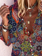 billiga Konst &amp; Design Blusar-Dam Skjorta Blus Vit Marinblå Regnbåge Grafisk Blommig Mönster Långärmad Ledigt Dagligen Vintage Tropisk Tröjkrage Normal Blom-tema S