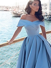 preiswerte BLAU-A-Linien Abendkleid Minimalistisches Kleid Abschlussball Formeller Abend Kapellenzug Ärmellos Off-Schulter Satin mit geteilter Front 2025