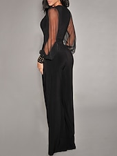 voordelige feest jumpsuits-Dames Jumpsuit Hoge taille Netstof Effen Kleur V-hals Elegant Feest Dagelijks Breed Been Slank Lange mouw Zwart Wijn S M L Herfst
