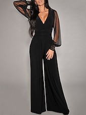 voordelige feest jumpsuits-Dames Jumpsuit Hoge taille Netstof Effen Kleur V-hals Elegant Feest Dagelijks Breed Been Slank Lange mouw Zwart Wijn S M L Herfst