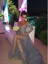 cheap GREY-A-Line Evening Gown Sexy Dress Wedding Guest Engagement Sweep / Brush Train Long Sleeve Off Shoulder Chiffon with Slit Lace Insert
