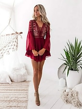 cheap White Lace Dresses-Women&#039;s Mini Dress White Dress Lace Dress Party Dress A Line Dress Elegant Hot Daily Holiday Date Slim Pure Color Long Sleeve V Neck Black White Wine Summer Spring