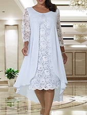 cheap With Jacket-Beach Wedding A-Line Mother of the Bride Dress Wedding Guest Elegant Plus Size Jewel Neck Knee Length Chiffon Lace Long Sleeve with Lace free custom size