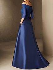 abordables BLEU-Robe de soirée A-Line élégante robe de fiançailles formelle soirée longueur sol manches demi épaule dénudée invité de mariage en chiffon avec fronces
