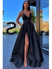 cheap Prom Dresses-A-Line Prom Dresses Black Dress Dress Wedding Guest Prom Sweep / Brush Train Sleeveless Spaghetti Strap Satin with Pleats Split Front Masquerade Dress 2025