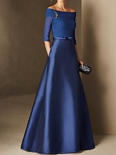 abordables BLEU-Robe de soirée A-Line élégante robe de fiançailles formelle soirée longueur sol manches demi épaule dénudée invité de mariage en chiffon avec fronces