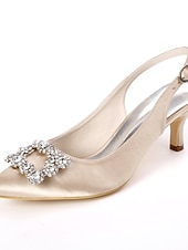 tanie Panna młoda-białe ślubne buty na obcasie typu slingback dla panny młodej – eleganckie buty ślubne ze spiczastym noskiem i klamrą z kryształkami
