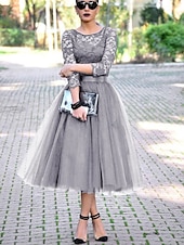 economico Abiti da cocktail-Abiti Cocktail A-Line Elegante Abito Lunghezza Caviglia Maniche 3/4 Collo Gioiello Ospite di Matrimonio di Autunno Tulle con Pieghe Inserti in Pizzo Abiti Derby 2025