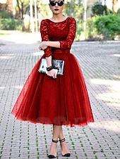 economico Abiti da cocktail-Abiti Cocktail A-Line Elegante Abito Lunghezza Caviglia Maniche 3/4 Collo Gioiello Ospite di Matrimonio di Autunno Tulle con Pieghe Inserti in Pizzo Abiti Derby 2025