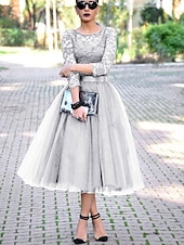 economico Abiti da cocktail-Abiti Cocktail A-Line Elegante Abito Lunghezza Caviglia Maniche 3/4 Collo Gioiello Ospite di Matrimonio di Autunno Tulle con Pieghe Inserti in Pizzo Abiti Derby 2025