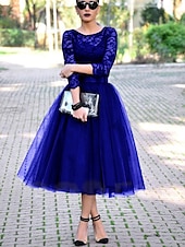 economico Abiti da cocktail-Abiti Cocktail A-Line Elegante Abito Lunghezza Caviglia Maniche 3/4 Collo Gioiello Ospite di Matrimonio di Autunno Tulle con Pieghe Inserti in Pizzo Abiti Derby 2025