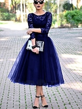 economico Abiti da cocktail-Abiti Cocktail A-Line Elegante Abito Lunghezza Caviglia Maniche 3/4 Collo Gioiello Ospite di Matrimonio di Autunno Tulle con Pieghe Inserti in Pizzo Abiti Derby 2025