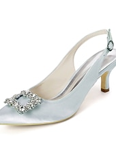 tanie Panna młoda-białe ślubne buty na obcasie typu slingback dla panny młodej – eleganckie buty ślubne ze spiczastym noskiem i klamrą z kryształkami