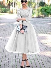 economico Abiti da cocktail-Abiti Cocktail A-Line Elegante Abito Lunghezza Caviglia Maniche 3/4 Collo Gioiello Ospite di Matrimonio di Autunno Tulle con Pieghe Inserti in Pizzo Abiti Derby 2025