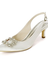 tanie Panna młoda-białe ślubne buty na obcasie typu slingback dla panny młodej – eleganckie buty ślubne ze spiczastym noskiem i klamrą z kryształkami