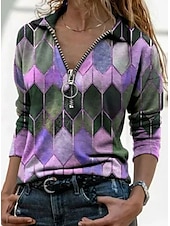 cheap Boho tee-Women&#039;s T shirt Tee Blue Purple Orange Geometric Color Block Quarter Zip Print Long Sleeve Casual Daily Basic Shirt Collar Regular S