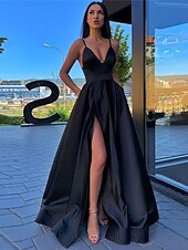cheap Prom Dresses-A-Line Prom Dresses Black Dress Dress Wedding Guest Prom Sweep / Brush Train Sleeveless Spaghetti Strap Satin with Pleats Split Front Masquerade Dress 2025