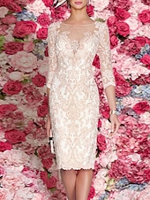 economico Lunghezza del tè-Abito da Sposa Sheath Abito Ospite di Matrimonio Taglie Forti Sexy Trasparente Collo Bateau Lunghezza al Ginocchio in Pizzo Maniche a 3/4 con Pieghe Applicazioni per impressionare Taglia