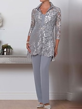 cheap Mom&#039;s Pant Suits-Jumpsuit / Pantsuit 3 Piece Mother of the Bride  Formal Wedding Guest Elegant Plus Size V Neck Ankle Length Chiffon Lace 3/4 Length Sleeve Wrap Included with Sequin Crystal Brooch 2025