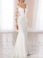 cheap Formal Wedding Dresses-Engagement Open Back Formal Wedding Dresses Mermaid V Neck Long Sleeve Court Train Chiffon Bridal Gowns With Buttons Appliques 2025