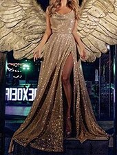 cheap Evening Dresses-Sheath / Column Sparkle Sexy Wedding Guest Formal Evening Dress Scoop Neck Sleeveless Floor Length Sequined with Sequin Slit 2022