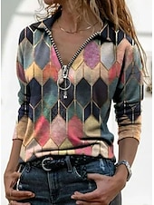 cheap Boho tee-Women&#039;s T shirt Tee Blue Purple Orange Geometric Color Block Quarter Zip Print Long Sleeve Casual Daily Basic Shirt Collar Regular S