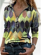 cheap Boho tee-Women&#039;s T shirt Tee Blue Purple Orange Geometric Color Block Quarter Zip Print Long Sleeve Casual Daily Basic Shirt Collar Regular S