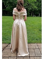 preiswerte BLAU-A-Linien Abendkleid Minimalistisches Kleid Abschlussball Formeller Abend Kapellenzug Ärmellos Off-Schulter Satin mit geteilter Front 2025