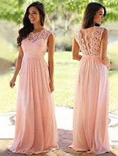 baratos Vestidos para Madrinhas-Linha A Vestido de Madrinha Decorado com Bijuteria Sem Manga Elegante Longo Chiffon / Renda com Faixa / Fita / Pregas 2022