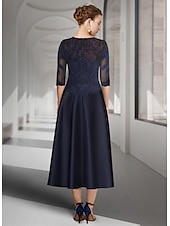 abordables Longueur du plancher-Robe de la mère de la mariée A-Line Invitée de mariage Élégante Col bijou Longueur thé Satin Dentelle à manches 3/4 avec plis appliqués 2025 taille personnalisée gratuite