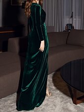 preiswerte GRÜN-Säulen Abendkleid Vintage Kleid Formelles Abendkleid Bodenlänglich Langarm V-Ausschnitt Herbst Hochzeitsgast Samt mit Drapierung Schlitz 2025